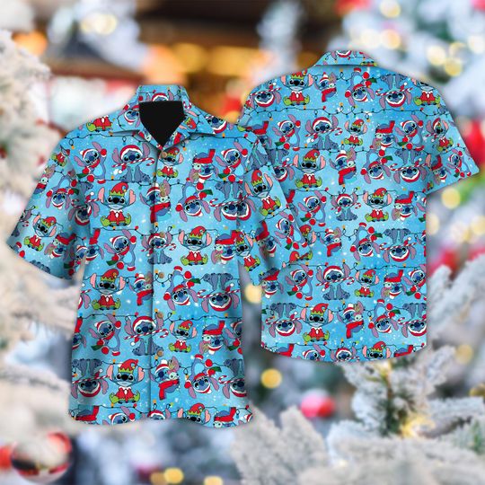 Discover Disney Stitch Christmas Light Hawaiian Shirt, Merry Stitchmas Hawaiian Shirt, Lilo And Stitch Button Up Shirt, Stitch Santa Xmas Party Shirt