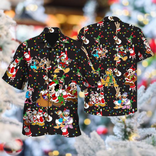 Discover Santa Mickey Mouse Hawaiian Shirt, Mickey And Friends Christmas Light Hawaiian Shirt, Minnie Goofy Donald Xmas Party Gift, Magic Kingdom Tee
