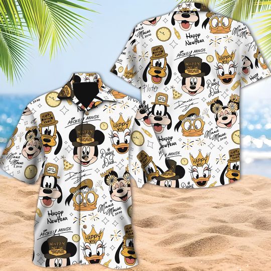 Discover Disney Mickey and Friends New Year Hawaiian Shirt, Mickey's Very Happy New Year Party Button Shirt, Mickey Candy NYE Holiday, New Year Eve