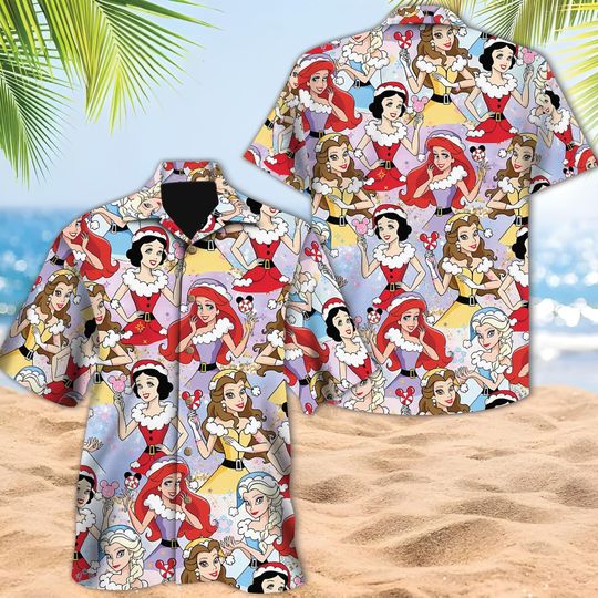 Discover Disney Princesses Christmas Hawaiian Shirt, Belle Jasmine Cinde Hawaiian Shirt, Disney Trip Button Up, Princess Xmas Party Gift