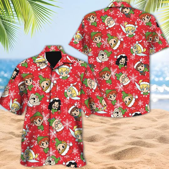 Discover Disney PeterPan Wendy Tinkerbell Christmas Hawaiian Shirt, Fairy And Friends Button Up Shirt, Peter Pan Hawaiian Gift, Disneyland Christmas