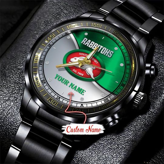 Discover South Sydney Rabbitohs NRL Personalized Metal Black Stainless Steel Watch For Fan