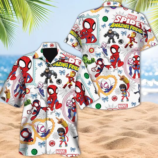 Discover Disney Spidey and His Amazing Friends Christmas Hawaiian Shirt, Spiderman Gwen Miles Morales Hawaii Gift, Winter Christmas Hawaiian