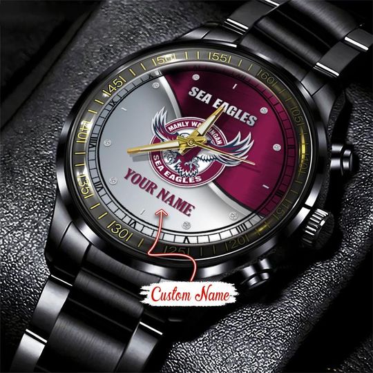 Discover Manly Warringah Sea Eagles NRL Personalized Metal Black Stainless Steel Watch For Fan