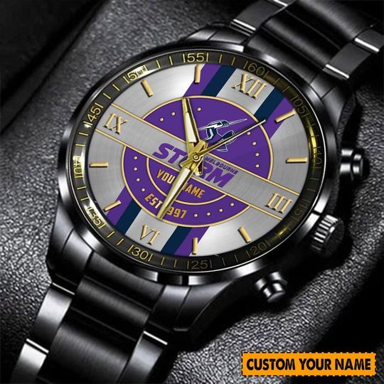 Discover Melbourne Storm NRL Personalized Metal Black Stainless Steel Watch For Fan