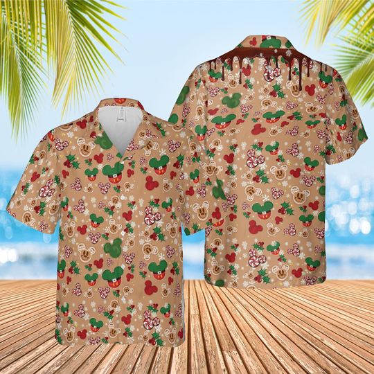 Discover Disney Mickey and friends Brown Christmas Hawaiian Shirt, Mickey's Very Merry Christmas Party Button Shirt, Mickey Candy Xmas Holiday Tee