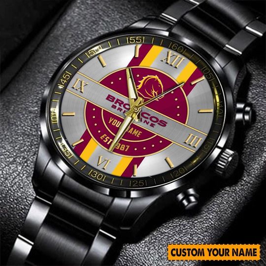 Discover Brisbane Broncos NRL Personalized Metal Black Stainless Steel Watch For Fan