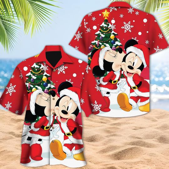 Discover Disney Mickey Mouse Minnie Love Christmas Hawaiian Shirt, Mickey's Very Merry Christmas Party Button Shirt, Mickey Candy Xmas Holiday Tee