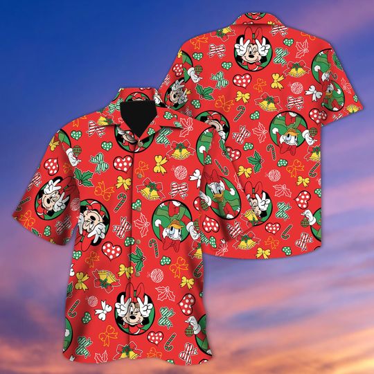 Discover Disney Minnie Mouse Daisy Christmas Hawaiian Shirt, Mickey's Very Merry Christmas Party Button Shirt, Bestie Disney Candy Xmas Holiday Tee