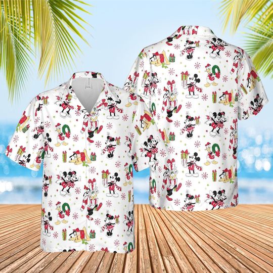 Discover Disney Mickey Mouse Minnie Santa Christmas Hawaiian Shirt, Mickey's Very Merry Christmas Party Button Shirt, Mickey Candy Xmas Holiday Tee