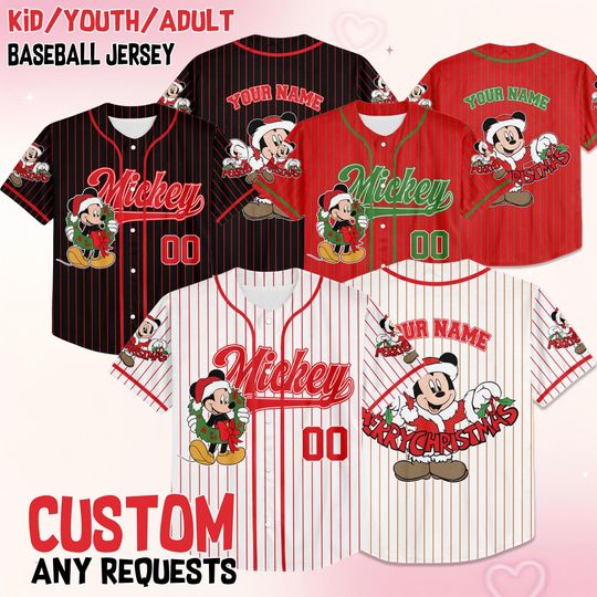 Discover Custom Disney Mickey Christmas Collection Baseball Jersey, Personalized Baseball Team Jersey, Birthday Gift for Christmas Fans Family Party