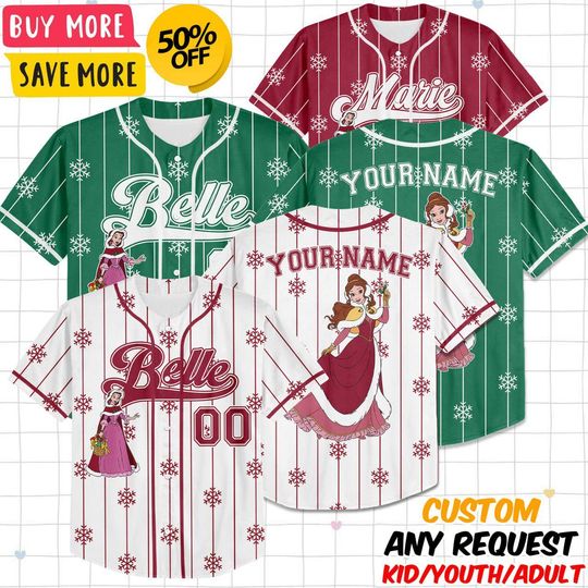 Discover Custom Disney Belle Princess Christmas Collection Baseball, Personalized Baseball Team Jersey, Gift for Christmas Fans Family