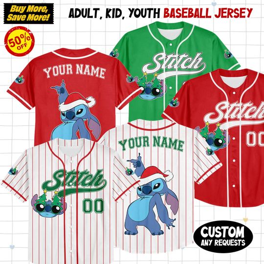 Discover Custom Disney Stitch Christmas Collection Baseball Jersey, Personalized Baseball Team Jersey, Birthday Gift for Christmas Fans Family Party