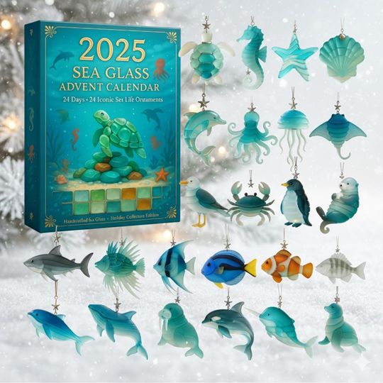 Sea Glass Ocean 24 Acrylic Advent Calendar Blind Box, Marine Life Christmas Tree Hanging Decor, Coastal Gift for Beach Lovers and Ocean Fans 2025
