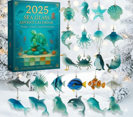Discover Sea Glass Advent Calendar 2025, 24 Ocean-Inspired Ornaments Gift Set, Holiday Countdown for Sea Lovers