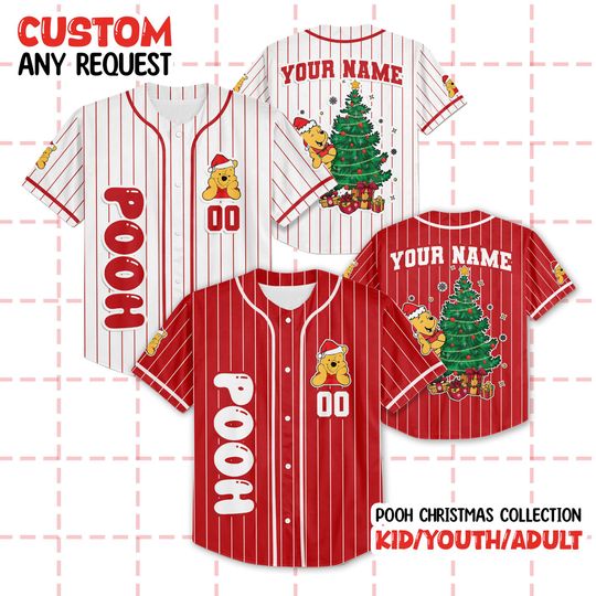 Discover Personalized Winnie The Pooh Christmas Baseball Jersey, Pooh Bear Disney Holiday Baseball Jersey, Custom Family Disney Outfit, Festive Gift