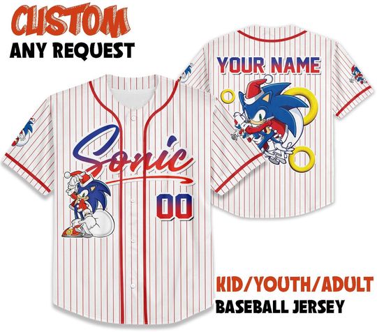 Discover Custom Christmas Sonic The Hedgehog Baseball Jersey, Personalized Number & Name Sonic Christmas Jersey, Christmas Birthday gift for Kids