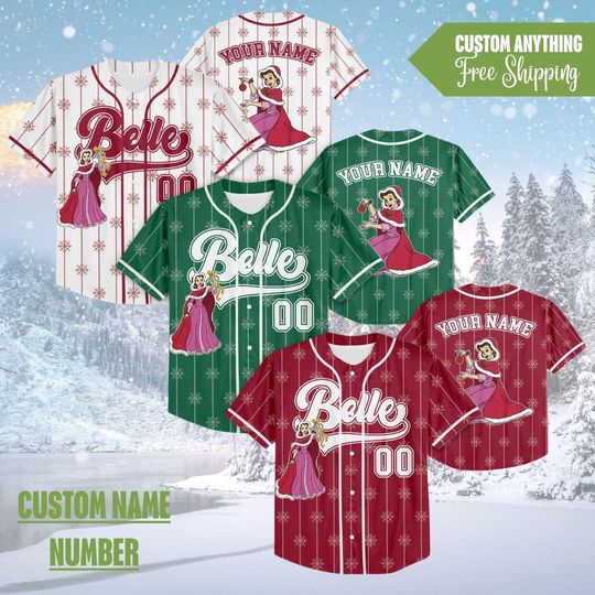 Discover Custom Disney Belle Princess Christmas Baseball, Personalized Disneyland Belle Disney World Baseball Team Jersey, Gift Christmas Fans Family