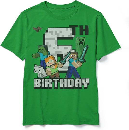 Discover Minecraft Birthday Shirt for Boys - Happy 6th B-Day Graphic Tee - Officially Licensed Apparel with Alex & Steve