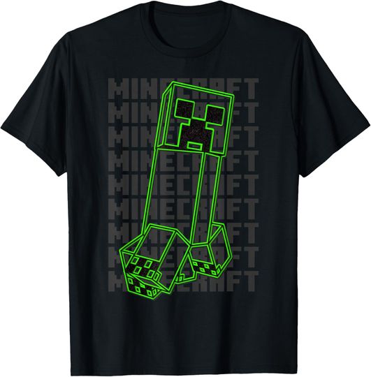 Minecraft Neon Creeper With Repeating Logo Background T-Shirt