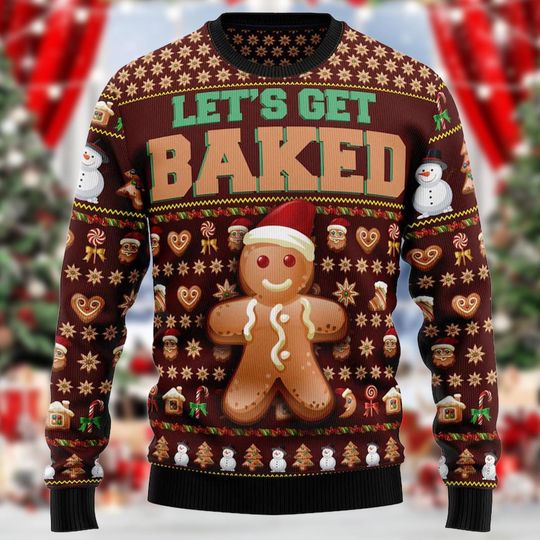 Lets Get Baked Christmas Ugly Sweater, Funny Gingerbread Holiday Pullover Brown Festive Knit Ugly Xmas Party Gift