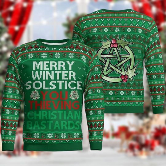 Green Winter Solstice Ugly Sweater, Funny Pagan Holiday Knit with Pentagram and Holly, Bold Festive Sweatshirt