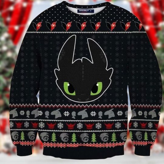 Discover Black Dragon Eyes Christmas Ugly Sweater, Green Red Pattern Holiday Pullover Knit Festive Ugly Xmas Gift for Him Her
