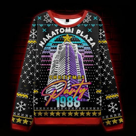 Retro Nakatomi Plaza Christmas Ugly Sweater, Black Knit Holiday Sweater with 1988 Neon City, Festive Party Outfit, Gift for Him or Her