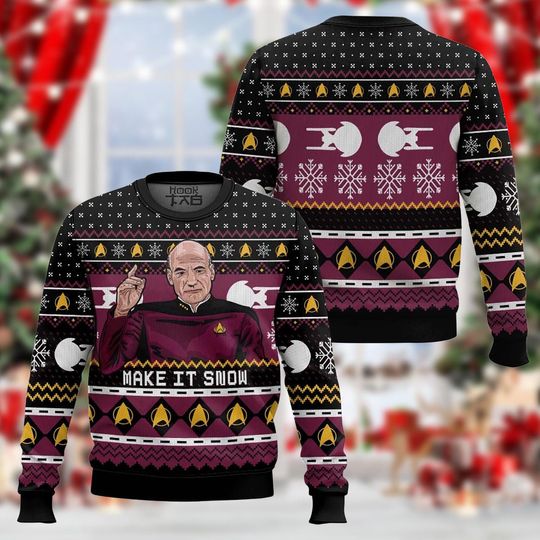 Discover Captain Make It Snow Christmas Ugly Sweater, Funny Space Commander Holiday Knit with Retro Sci-Fi, Festive Winter Sweatshirt