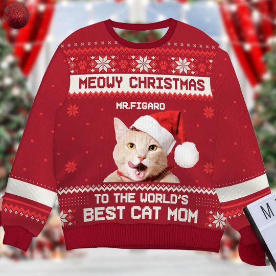 Discover Meowy Christmas Cat Mom Ugly Sweater, Personalized Pet Holiday Pullover Red Knit Cute Festive, Gift for Cat Lovers