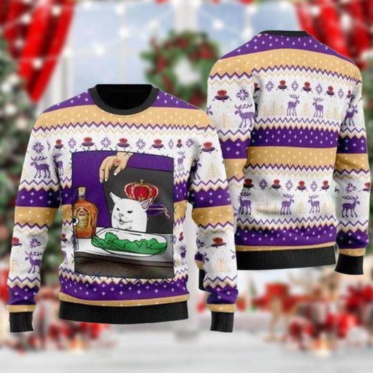 Discover Funny White Cat Crown Christmas Ugly Sweater, Meme Holiday Pullover Purple Gold Knit Ugly, Xmas Party Gift for Him Her