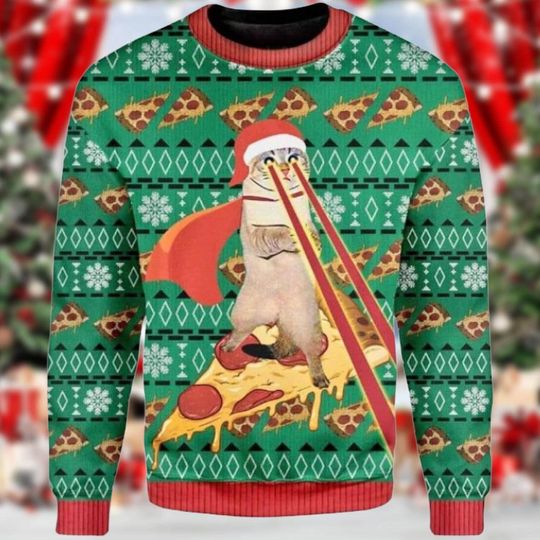 Discover Laser Cat Pizza Christmas Ugly Sweater, Funny Holiday Pullover Green Red Knit Ugly, Xmas Party Gift for Him Her
