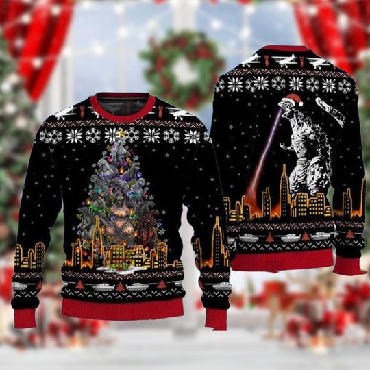 Discover Monster City Christmas Ugly Sweater, Funny Holiday Pullover Black Red Skyline Knit Ugly, Xmas Party Gift for Him Her