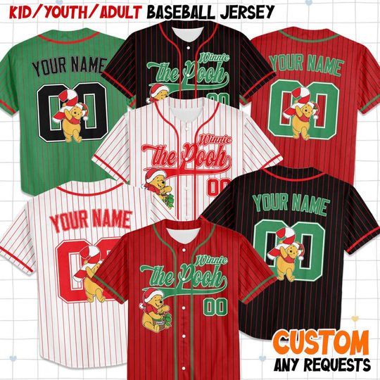 Discover Custom Disney Winnie The Pooh Christmas Baseball Jerseys, Kid Youth Adult Christmas Jersey, Mickey And Friends Xmas Jersey