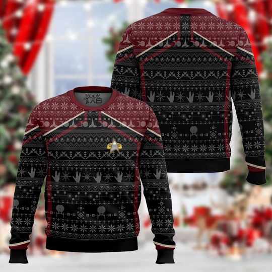 Discover Red and Black Pattern Christmas Sweatshirt, Festive Holiday Knit Pullover, Cozy Geometric Winter Sweater, Unisex Christmas Gift Top