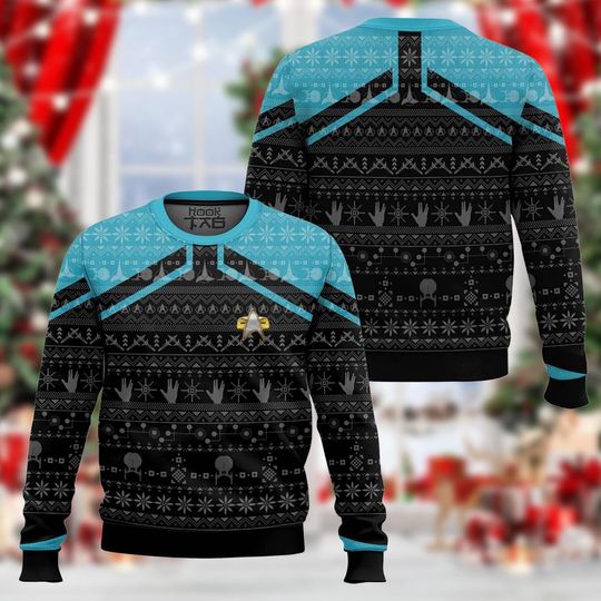 Discover Blue and Black Pattern Christmas Sweatshirt, Winter Holiday Knit Pullover, Cozy Geometric Print Sweater, Unisex Christmas Gift Top