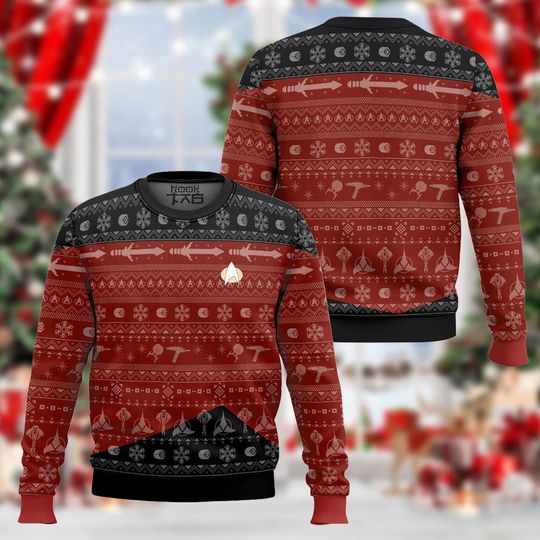 Discover Red Christmas Pattern Sweatshirt, Holiday Knit Pullover, Warm Winter Geometric Sweater, Cozy Festive Unisex Top, Christmas Gift for Men