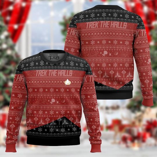 Discover Trek The Halls Christmas Sweatshirt, Red and Black Holiday Pullover, Cozy Geometric Knit Sweater, Unisex Winter Gift Top for Men Women