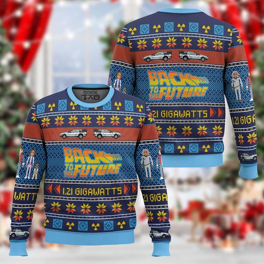 Discover Blue Pixel Christmas Sweater, Retro Time Travel Holiday Knit Sweatshirt, Funny Winter Jumper, Geeky Festive Gift for Him Her