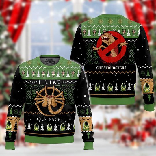 Discover Green Black Christmas Sweater, Funny Chestbursters Holiday Knit Sweatshirt, Sci-Fi Themed Winter Jumper, Festive Gift for Him Her