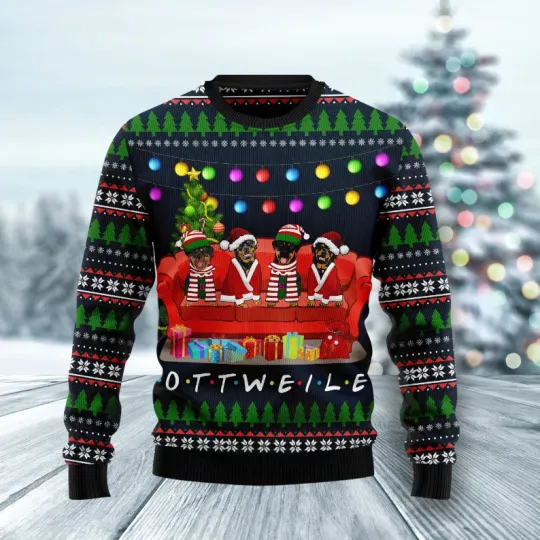 Discover Rottweiler Friends On Red Sofa Ugly Christmas Sweater, Perfect Holiday Gift