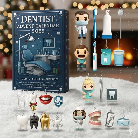 Discover Dentist Advent Calendar 2025 Acrylic Christmas Ornament Set, 24 Dental-Themed Mini Figures, Funny Medical Holiday Gift for Hygienists