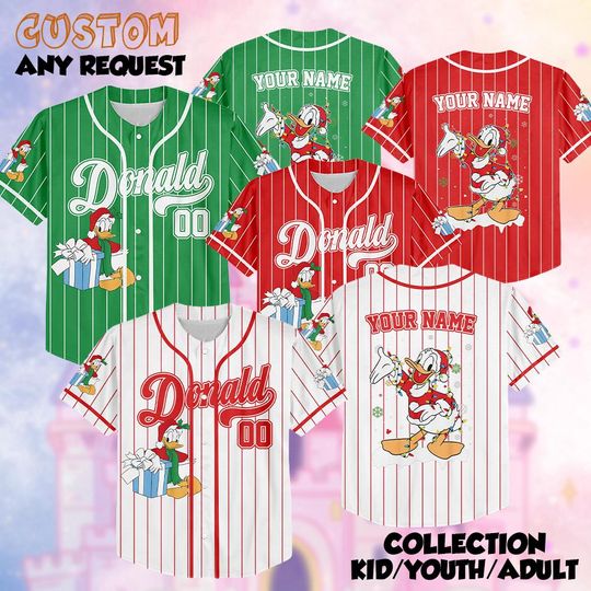 Discover Custom Donald Duck Christmas Baseball Jersey, Disney Mickey and Friends Jersey for Disney Fans, Disneyland Birthday Gift