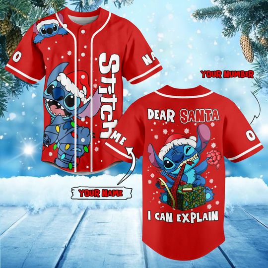 Discover Personalized Stitch Christmas Baseball Jersey, Disney Stitch Xmas Jersey Shirt, Santa Stitch Baseball Shirt, Magic Kingdom Shirt