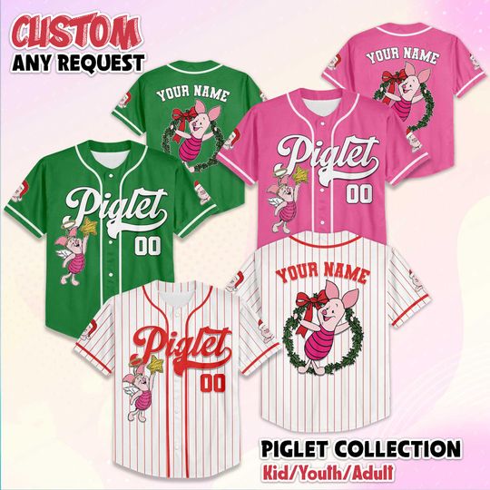 Discover Personalized Piglet Christmas Baseball Jersey, Custom Disney Winnie the Pooh Jersey Shirt, Holiday Team Outfit, Xmas Gift for Fans