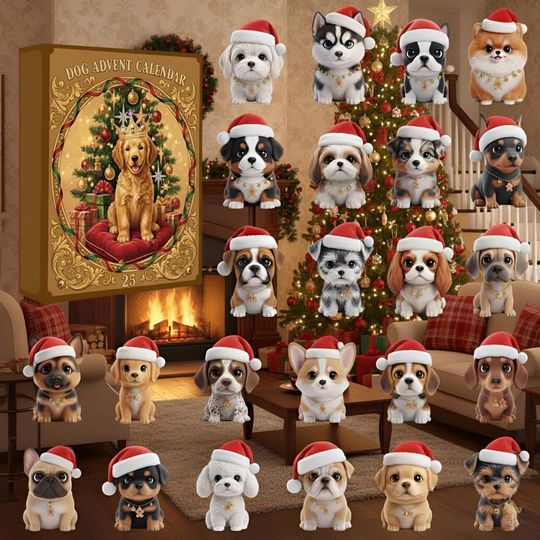 Discover Dog Advent Calendar 2025, 24-day Christmas countdown box, cute puppy figurine gift set, holiday surprise calendar for dog lovers and families