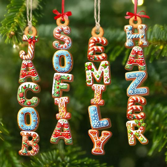 Gingerbread Letter Ornament  Kids Name Stocking Tag, Cousin Christmas 2025