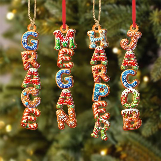 Gingerbread Letter Ornament: Custom Kids Name Ornament, Christmas Stocking Name Tag for Family, Cousin Christmas 2025
