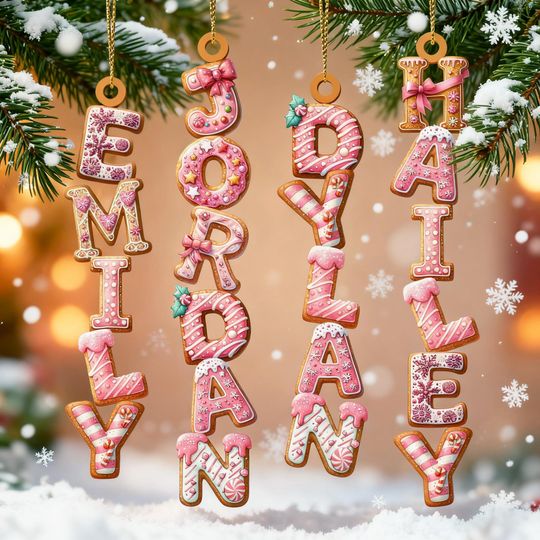 Pink Christmas Gingerbread Alphabet Ornament, Christmas Tag for Stockings, Family Name Ornament, Kids Christmas Gifts, Christmas Tree Decor