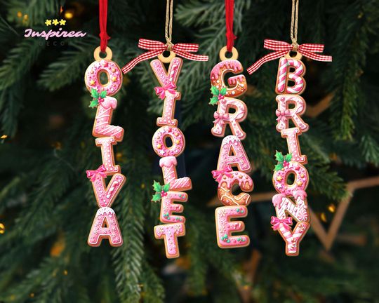 Custom Gingerbread Alphabet Ornament, Pink Girls Name Ornament, Christmas Tag for Stockings, Kids Christmas Gifts, Christmas Tree Decor 2025